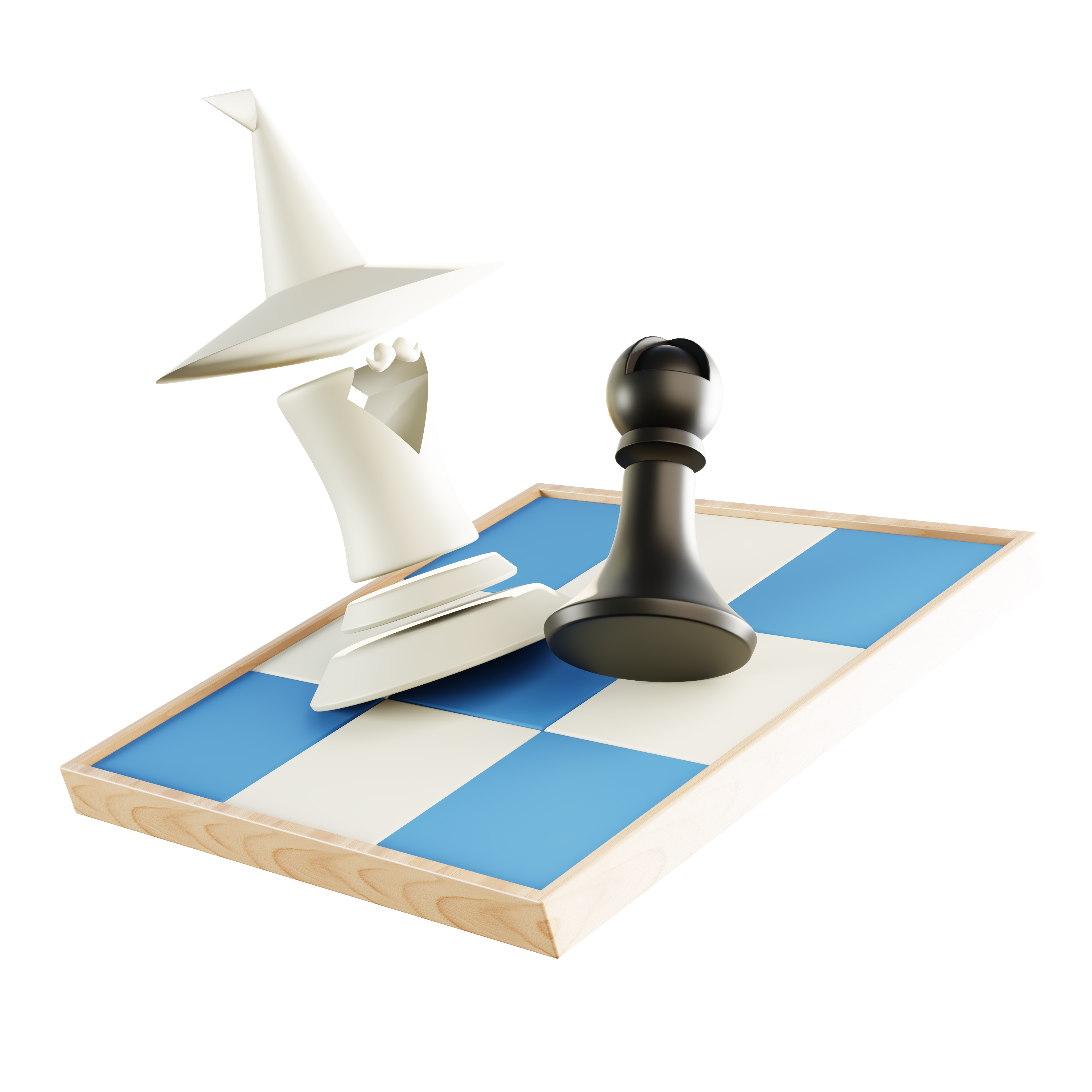 Floating miniature board with a white Wizard and a black chess piece