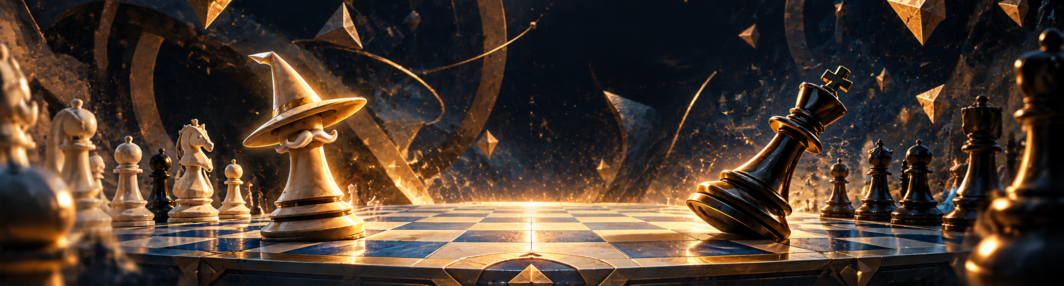 Chess pieces surrounding the glowing Wizard piece