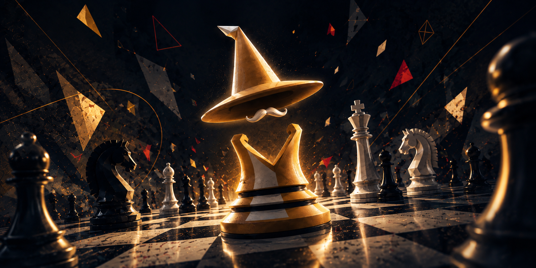 Golden wizard chess piece on a cinematic chessboard